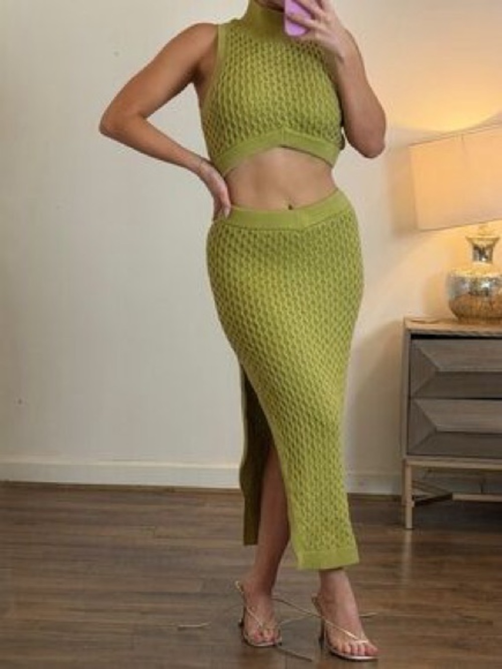 L'Academie Chartreuse Green Knit Sweater Skirt with Slit Small